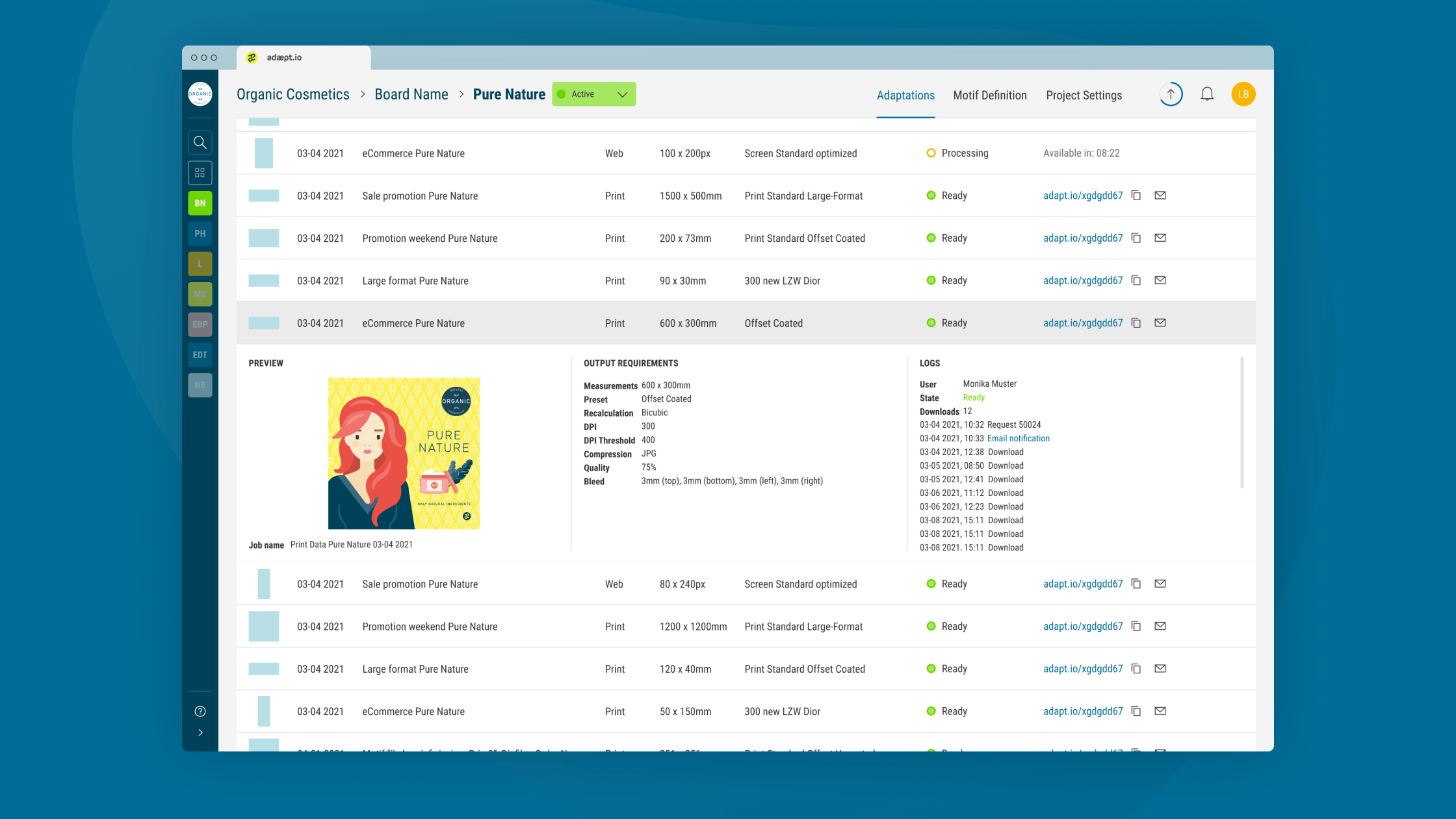 Screenshot of the adaept.io user interface on blue background